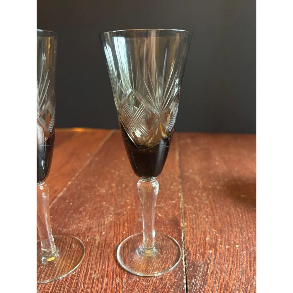 Vintage Smoke Gray Cut Glass Champagne Flutes Set of 2 Etched Crystal Barware